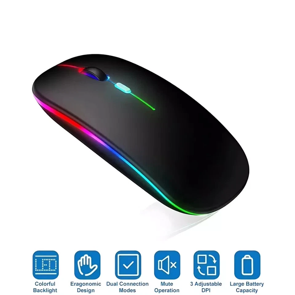 Slim Rechargeable Wireless Mouse RGB LED USB Chromebook MacBook Laptop PC - Image 2 of 4