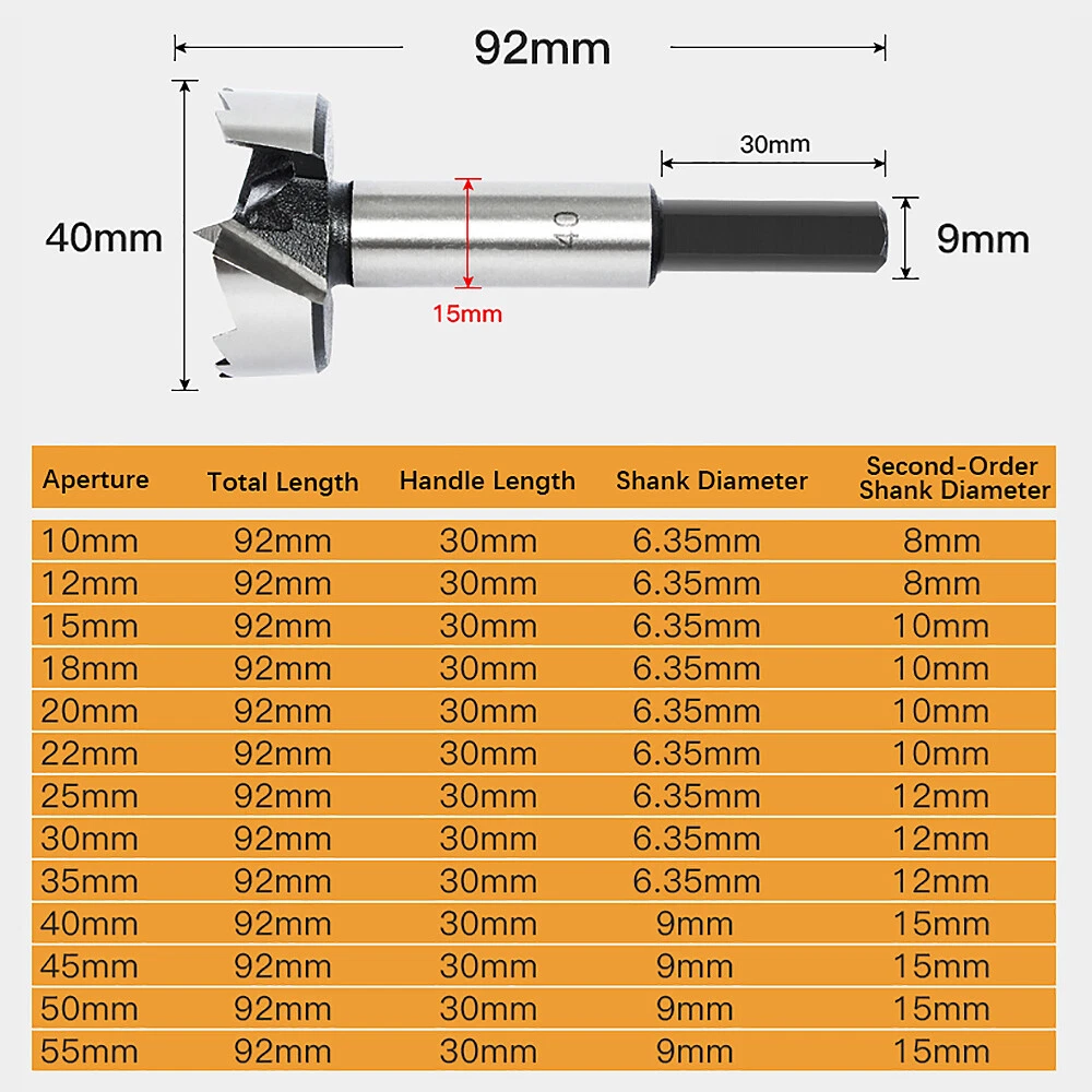 Forstner Bit Hinge Hole Boring Cutter Wood Drill Bit Sizes 10mm 55mm Hex Shank