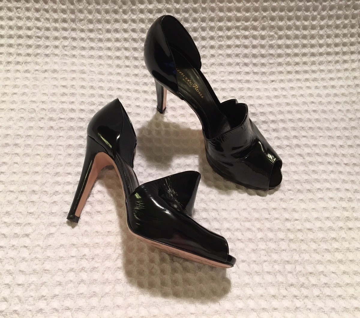 GIANVITO ROSSI 37 / 7 Black Patent Leather Peep Toe D'Orsay High