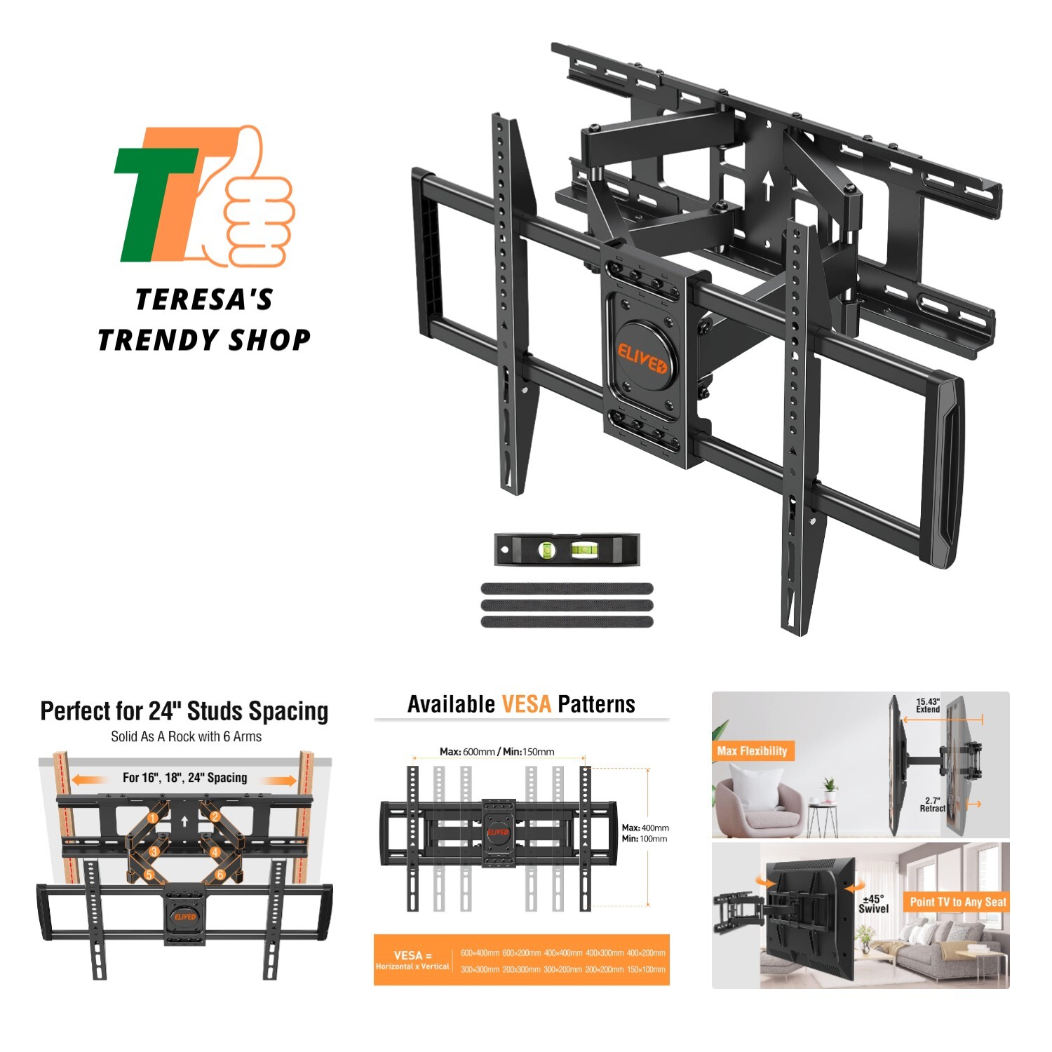 TV Wall Mount for Most 37-75 Inch LED LCD OLED TVs, Full Motion TV Mount Fit ...-image