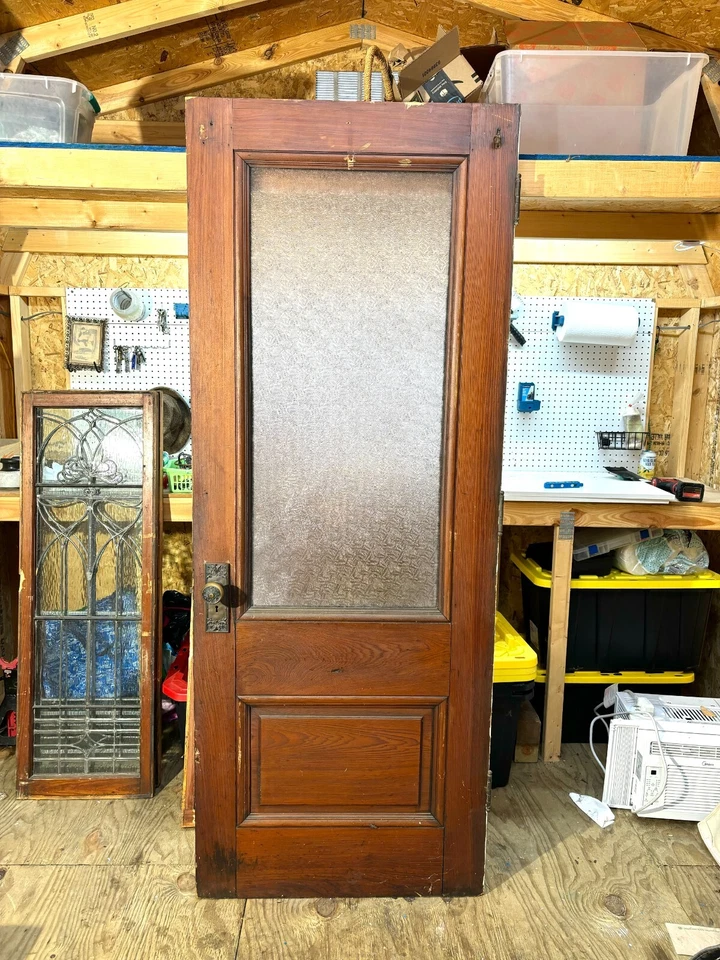 Puerta y luces laterales antiguas coloniales de vidrio y roble 32x83 florentinas Foto 2 de 4