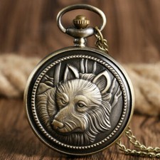 Fashion Bronze Wolf Dog Pendant Quartz Pocket Watch Chain Necklace For Men Women