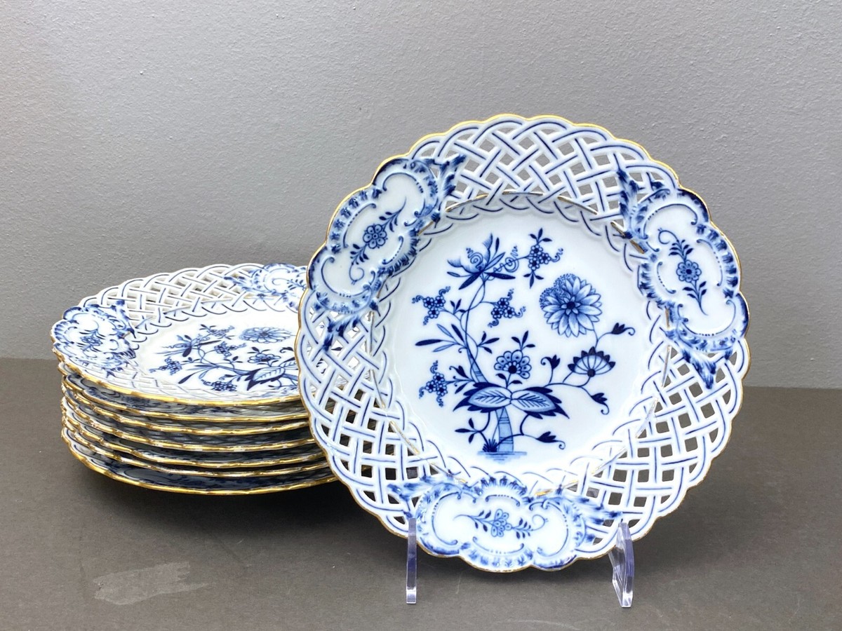 Meissen Blue Onion Reticulated plates w/gold trim, cross swords
