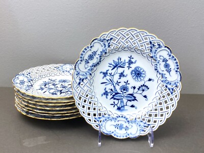 Meissen Blue Onion Reticulated plates w/gold trim, cross swords