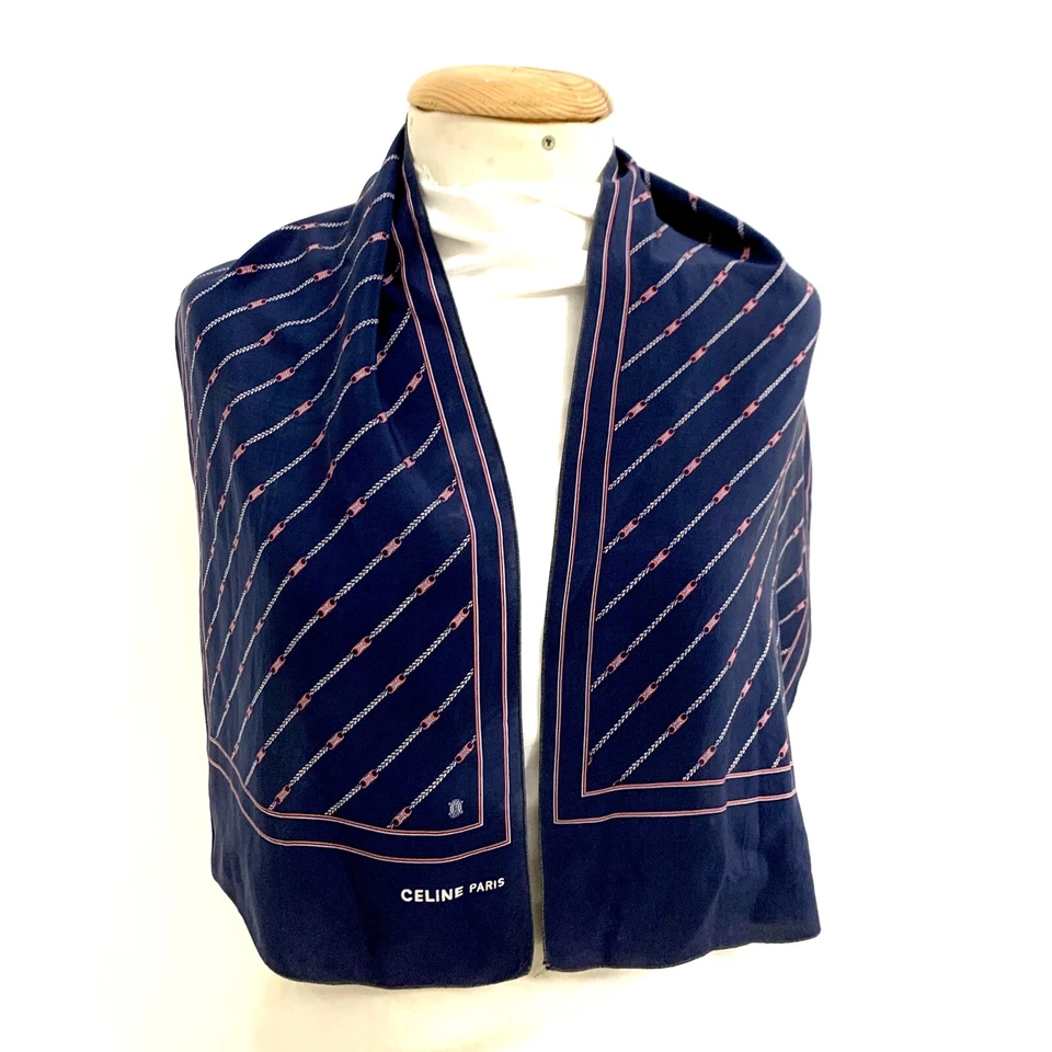 CELINE PARIS RAYAS LOGO RECTANGULAR Bufanda de seda 64/11 pulgadas #R Foto 2 de 4