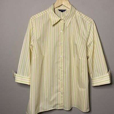 Lands  End Button Front Shirt Women Size 20W Yellow Green Pink Stripe Office