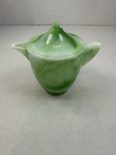 Akro Agate Green White Marble Child  s Miniature Tea Pot Pitcher With Lid