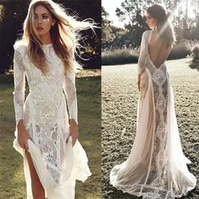 White Lace Boho Wedding Dress Deep V‑Back Long Sleeve Bridal Gown with Train