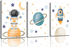 3Pcs Space Nursery Wall Art - Rocket  Astronaut Canvas Prints for Kids Room