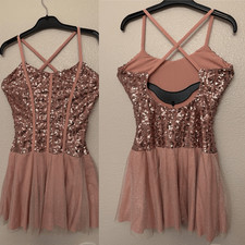 Art Stone solo Dance Costume blush pink ribbed glitter tutu dress SA-Small adult