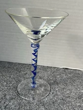 Cobalt Blue Spiral Swirl Stem Flared Rim Martini Glass 7” Tall. Preowned