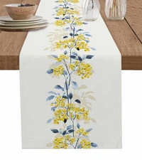 Burlap Linen Table Runner - 120 Inch Long, Spring Burning Blue Floral Filling...