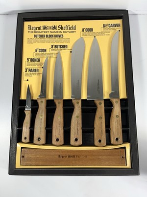 NOS Vintage Regent Sheffield Cutlery 6 Piece Butcher Block Knife Set With Holder