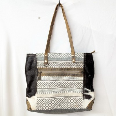 Myra Brown & Gray Geometric Zip Tote Bag with Double Handles & Gold Hardware