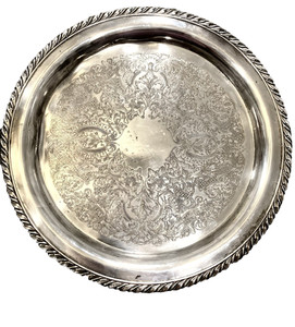 12” silverplate round serving tray platter Oneida Ltd USA ornate scroll etching