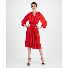 T Tahari Womens Split-Neck 3/4-Sleeve Dress Tiered Hem Red Size Large NWT