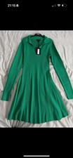 River Island Green Ribbed Knit Collared Fit & Flare Long Sleeve Dress 10