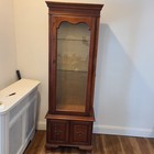 Vintage Cherry Wood Curio Display Cabinet with Glass Door & Shelves, Lock & Key,