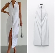 Zara Full Zip Lapel Collared Gabardine Midi Dress Size L White Classic City Chic
