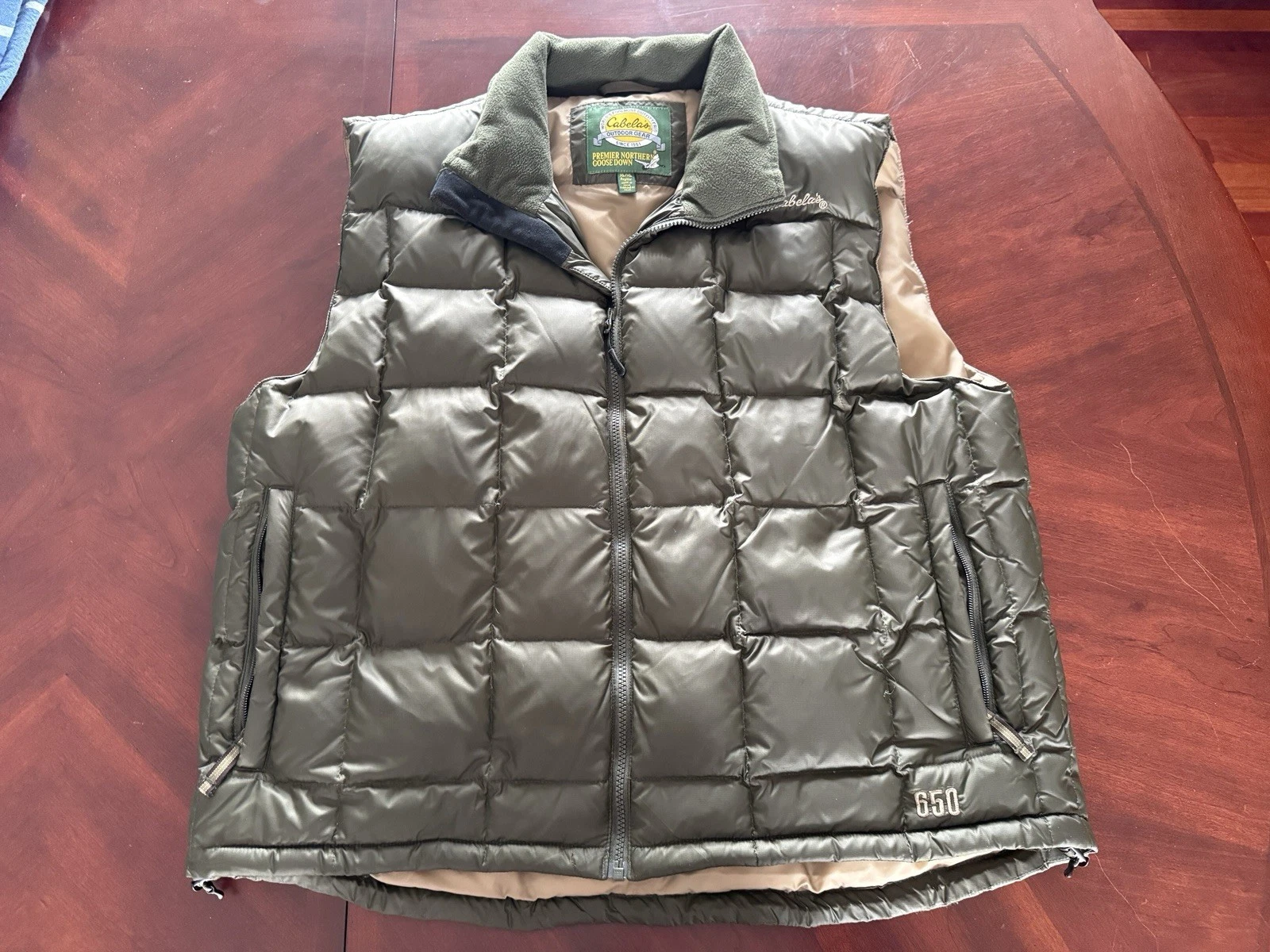 Cabela's Goose Down Puffer Vest Green XL 650 Fill Quilted Zip