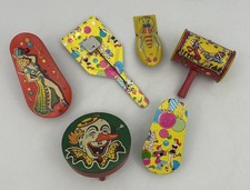 Lot Of 6 Vintage Tin Litho Creepy Clown Noisemakers Various Types Shapes Sizes