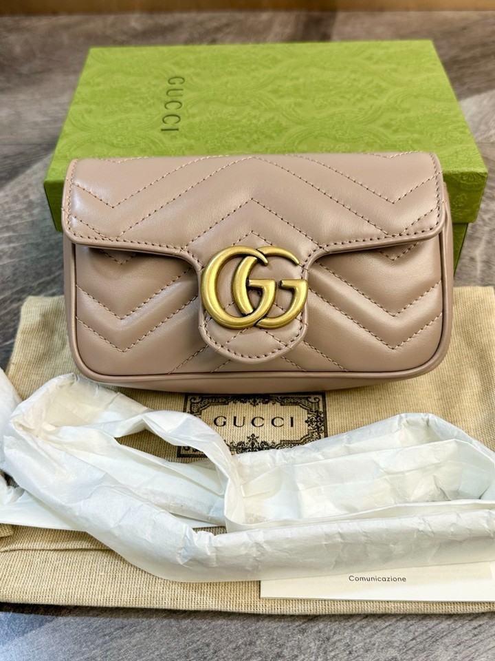 Gucci GG Marmont Mini Bag Beige Nude Gold Hardware Chain Crossbody