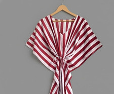 Indian Maroon Handmade Cotton Striped Kaftan Maxi Dress Women's Clothing Gown US