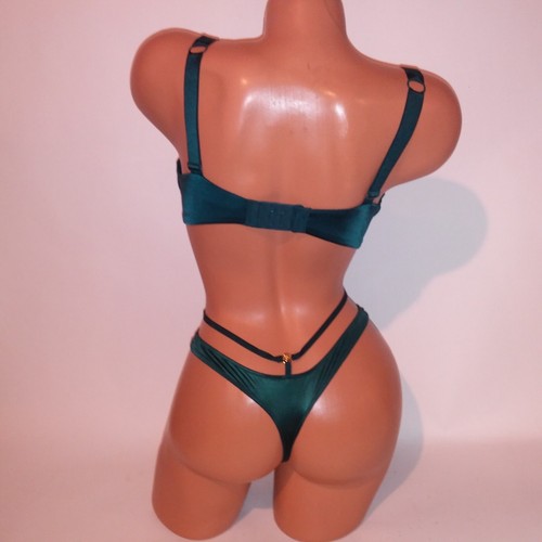 Victoria Secret Bra Set 36C Push Up Medium Panty Shine Strap Teal Thong Rhinesto - Picture 9 of 13