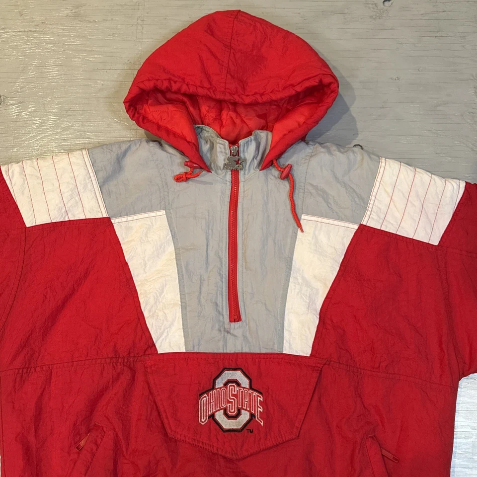 Pulôver vintage anos 90 NCAA Starter Ohio State Buckeyes 1/2 zíper jaqueta com capuz tamanho G - Imagem 3 de 4