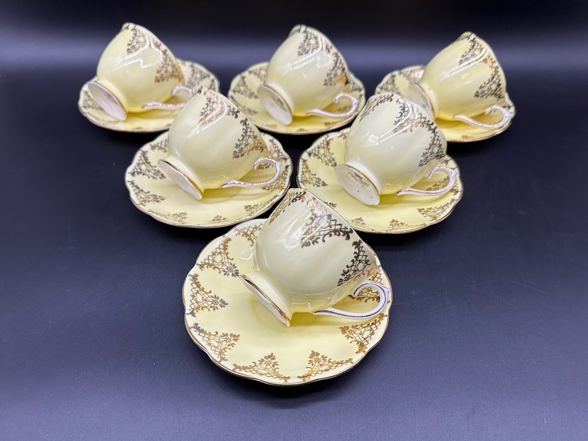 Royal Albert Gold Lace Yellow Tea Cup Saucer Sets(Set of 6) Bone