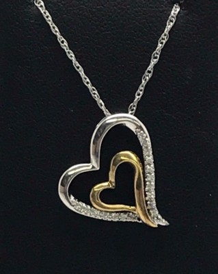 Elegante Silber 925 - Bicolor CZ Pave Heiligenschein seitlich Doppel Herz Liebe Halskette
