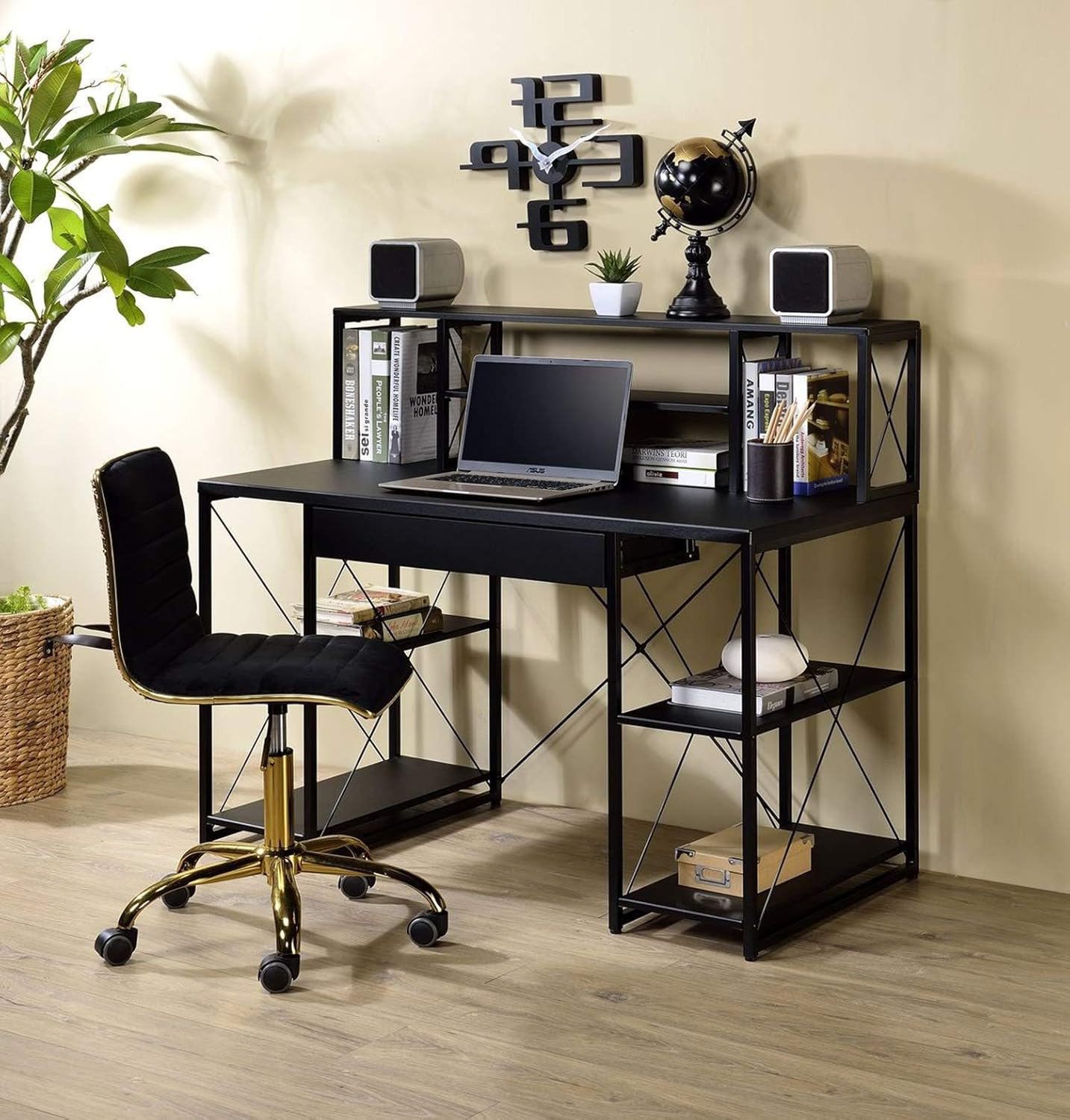 Modern Computer Desk with Storage Drawer and Shelves, Compact Home Office Writing Desk with Bookshelf for Efficient Workspace Organization-image