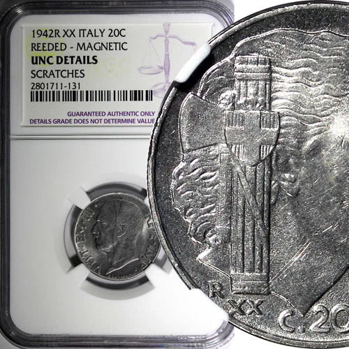 Italy 1942 R XX 20 Centesimi NGC UNC DETAILS MAGNETIC REEDED EDGE KM# 75b (131)