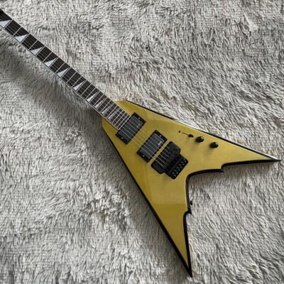 6-Strings Gold V Shape Electric Guitar Solid Black Hardware FR Bridge HH Pickups