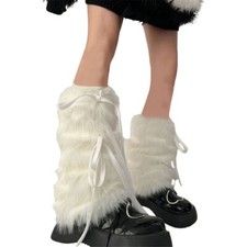 Women Sweet Ribbon Bowknot Furry Leg Warmer Winter Warm Fuzzy Plush Boot Cuffs