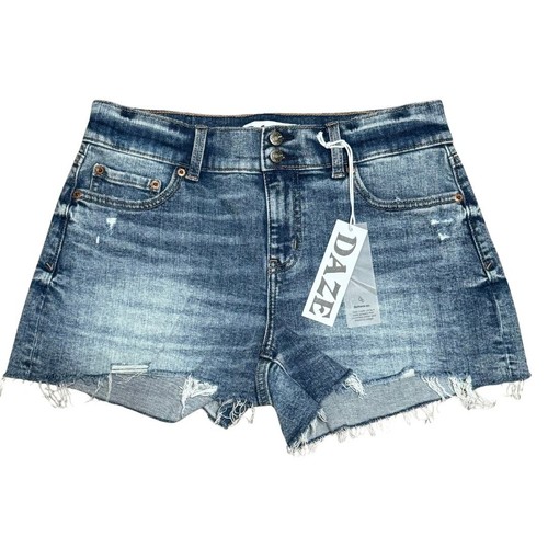 DAZE DENIM The Lowdown Mid-Rise Medium Wash Distressed Shorts Denim Jean NWT 28