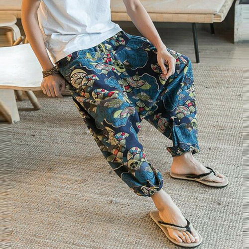 Men 100%Cotton Elastic Waist Long Pants Pirnted Baggy Loose Jogger Yoga Trousers - 第 7/36 張圖片