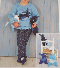 (159) Knitting Pattern - Girls DK Sweater & Bean Bag Rabbit Sizes 22"- 26"