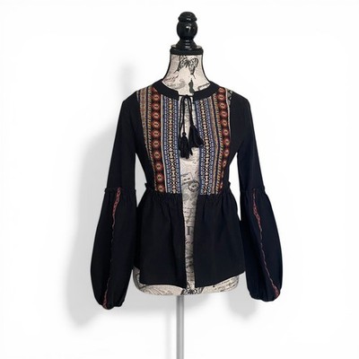 Catch Stitch Jacket Womens Medium Black Embroidered Lantern Sleeve Boho