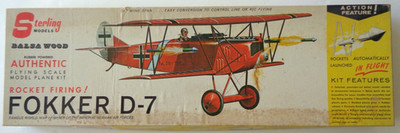 Vintage Sterling FOKKER D-7 Balsa Model Airplane Kit, Rocket Firing, NOS