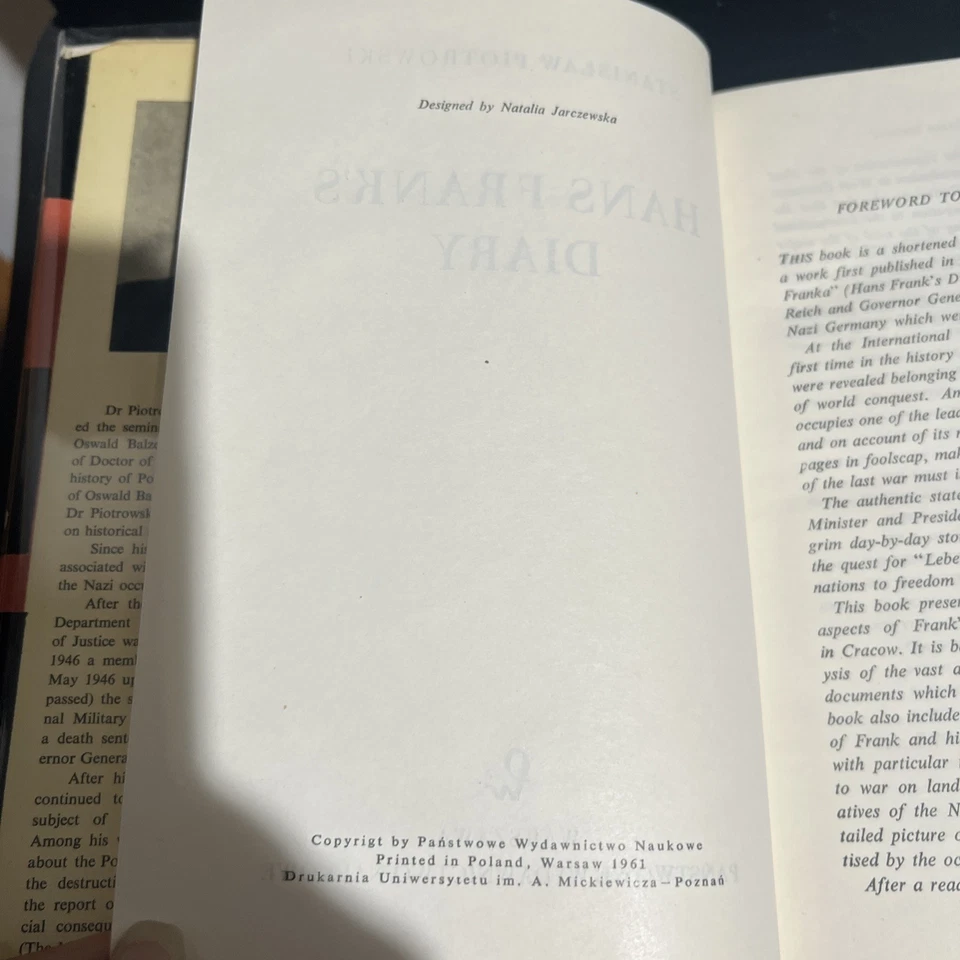 1st Edition HANS FRANK’S DIARY by Stanislaw Piotrowski HC Mylar DJ 1961 WWII - Image 4 of 4