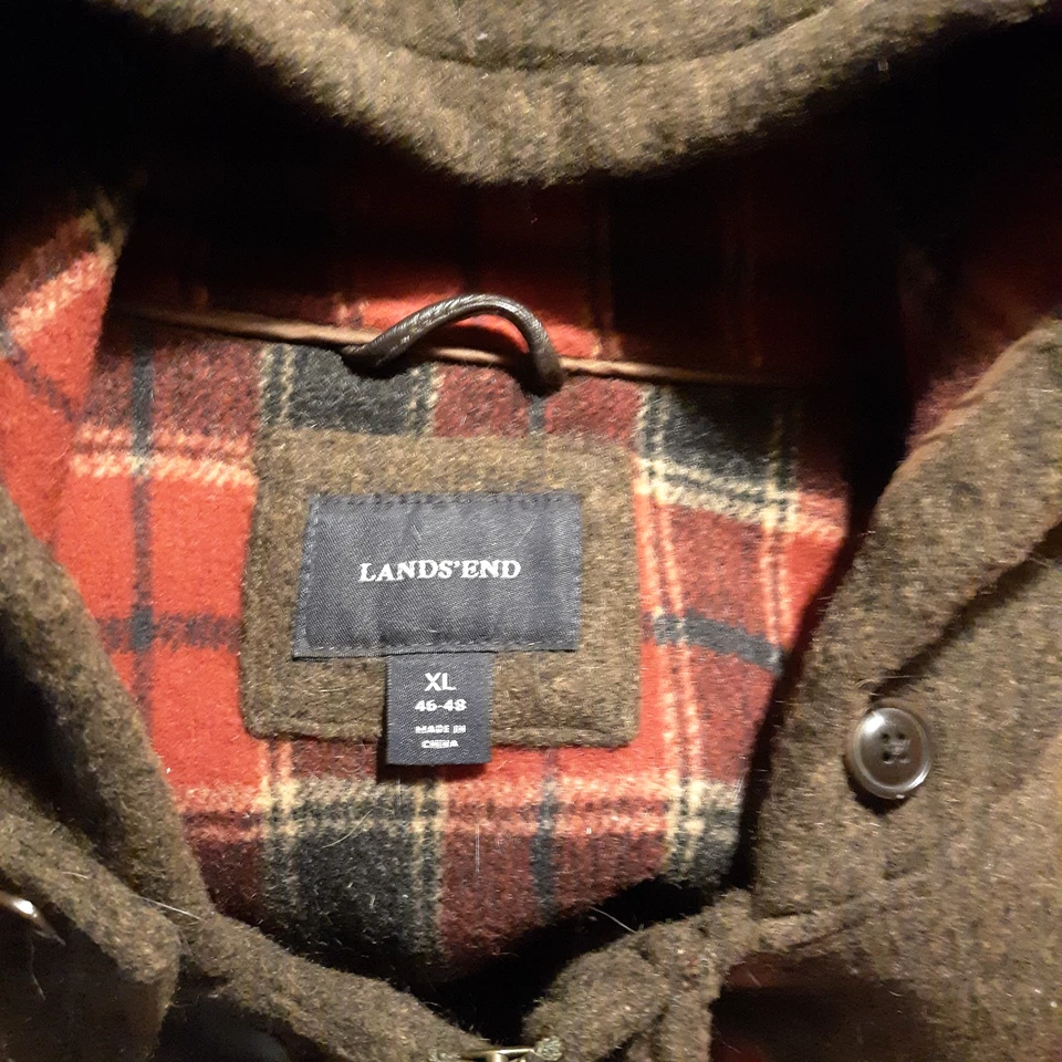 Lands End Mens Wool Hooded Duffle Coat Plaid Lined XL Green/Brown Toggle Zip - Image 4 of 4