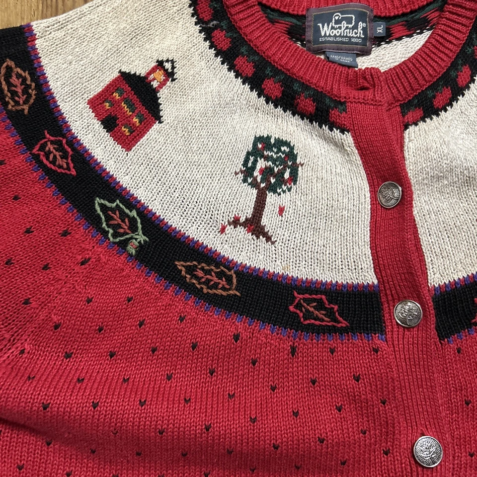 Cárdigan Woolrich De Colección Mujer XL Rojo Escuela Hojas Otoño Maestro Manzanas Bordado Foto 2 de 4