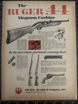 1960s Vintage Ruger Carbines Print Ad - .44 Magnum Firearms Gun Advertisement