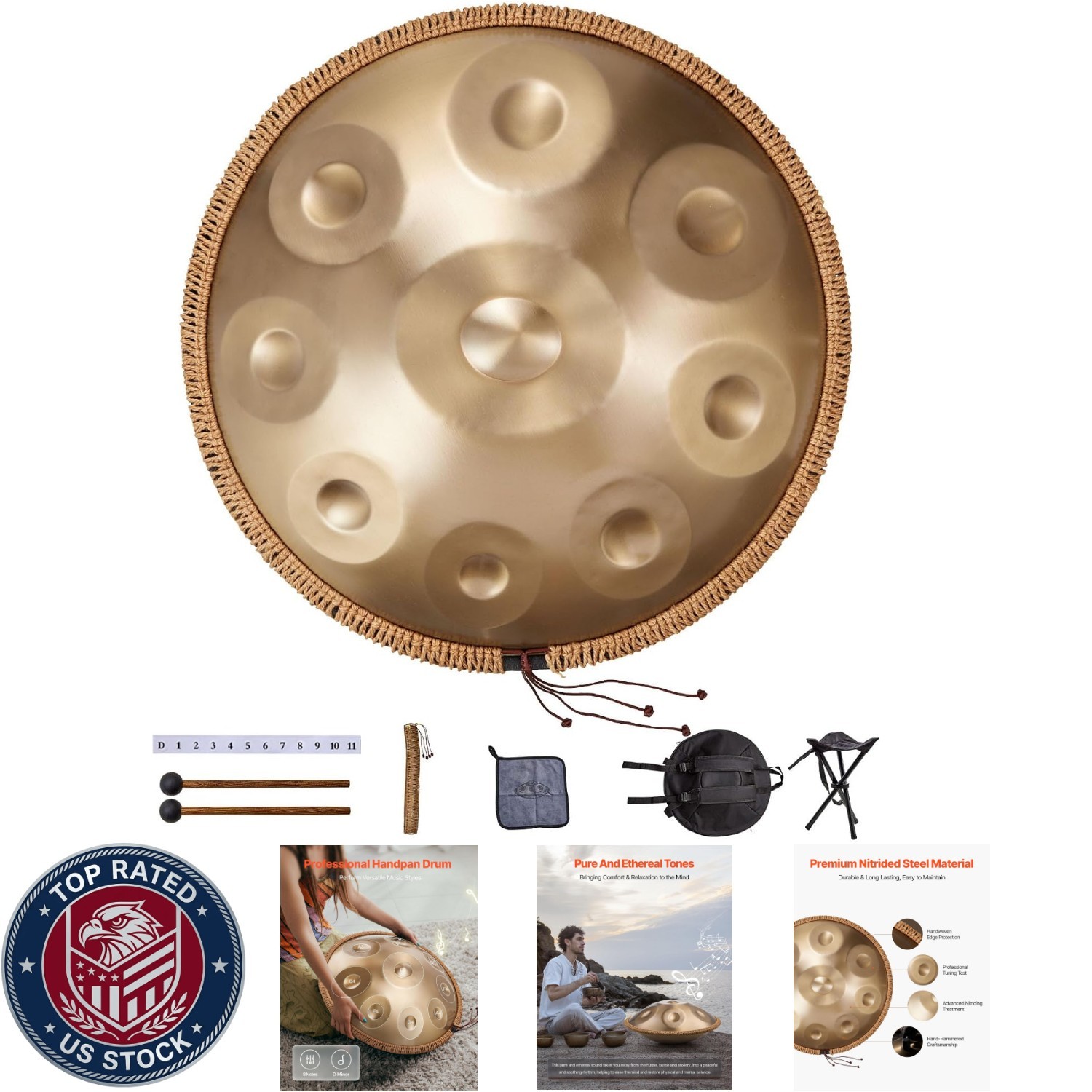 Handpan Drum, 22 In 9 Notes Steel Hand Drum, 432Hz D Minor Musical Drums With