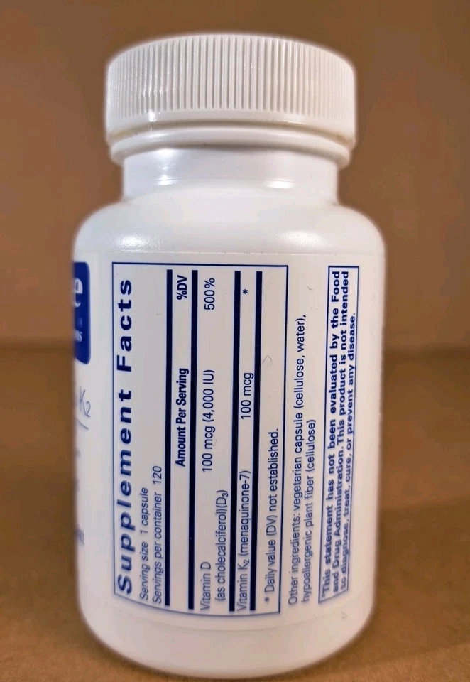 Suplemento dietético Pure Encapsulations vitamina D3 e K2, 100 mcg 120 cápsulas - Imagem 2 de 4