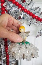 Handmade Beaded Safety Pin Angel Ornament Clear  Green 3.5  Christmas
