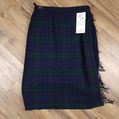James Pringle Weavers Kilt Skirt Womens 12 Black Watch Wool Tartan Fringe NWT