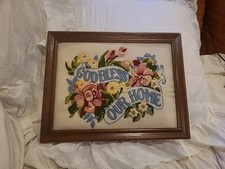 Vintage Floral God Bless Our Home Framed Needlepoint Crewel Art