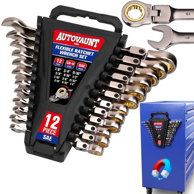 12PC Flex-Head Ratcheting Wrench Set Set with Organizer SAE Combination Spanner